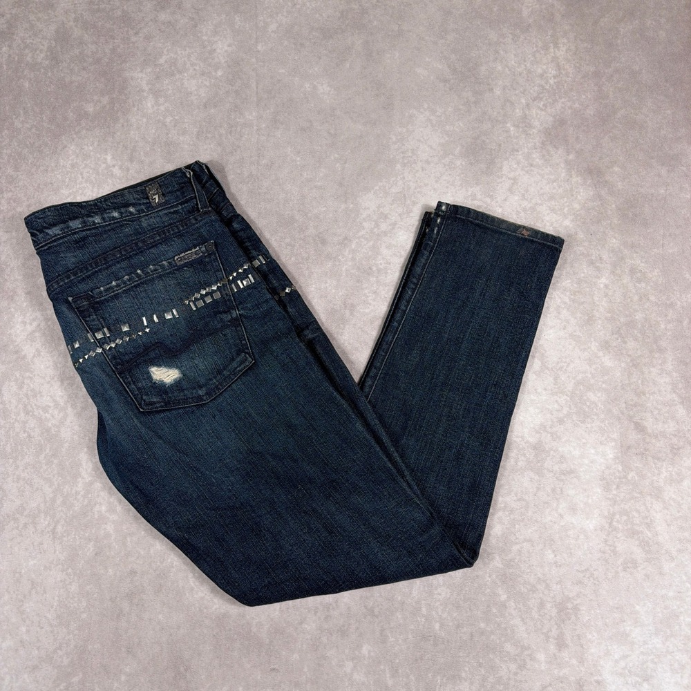 7 For All Mankind Josefina Skinny Boyfriend‎ Distressed Studded Jeans 28 Blue